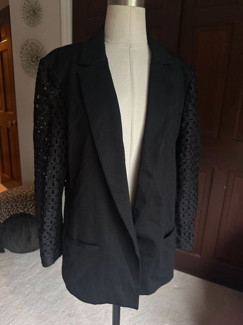 DREW black blazer style jacket with eyelet sleeves and back cutouts Fits M/L